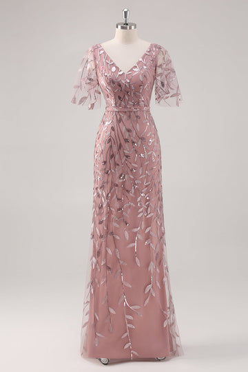 Dusty Rose V Neck Sheath Sequin Mother of the Bride Dress with Short Sleeves